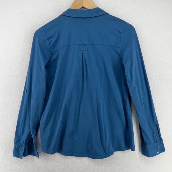 EILEEN FISHER Top S Organic Cotton Jersey Shirt Button Up Roll Tab Sleeve Blue - Picture 3 of 16